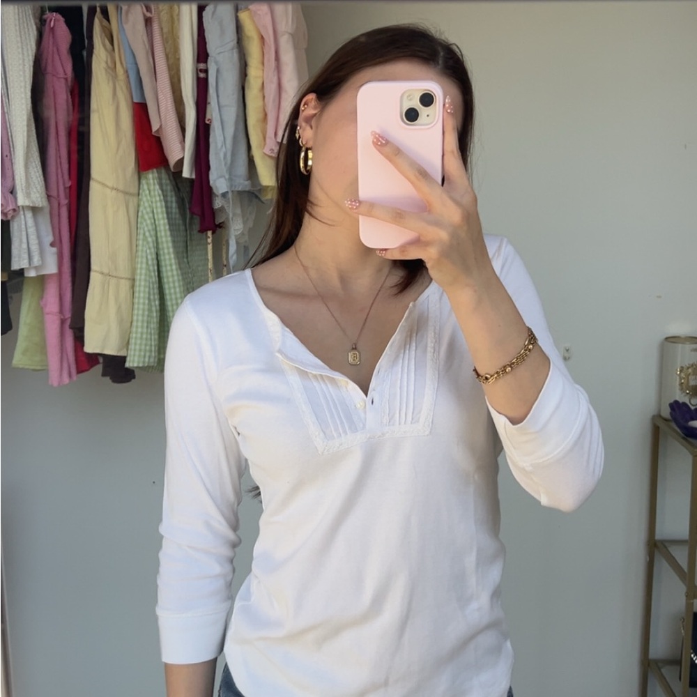 Chaps White Pleated 3/4 Sleeve top